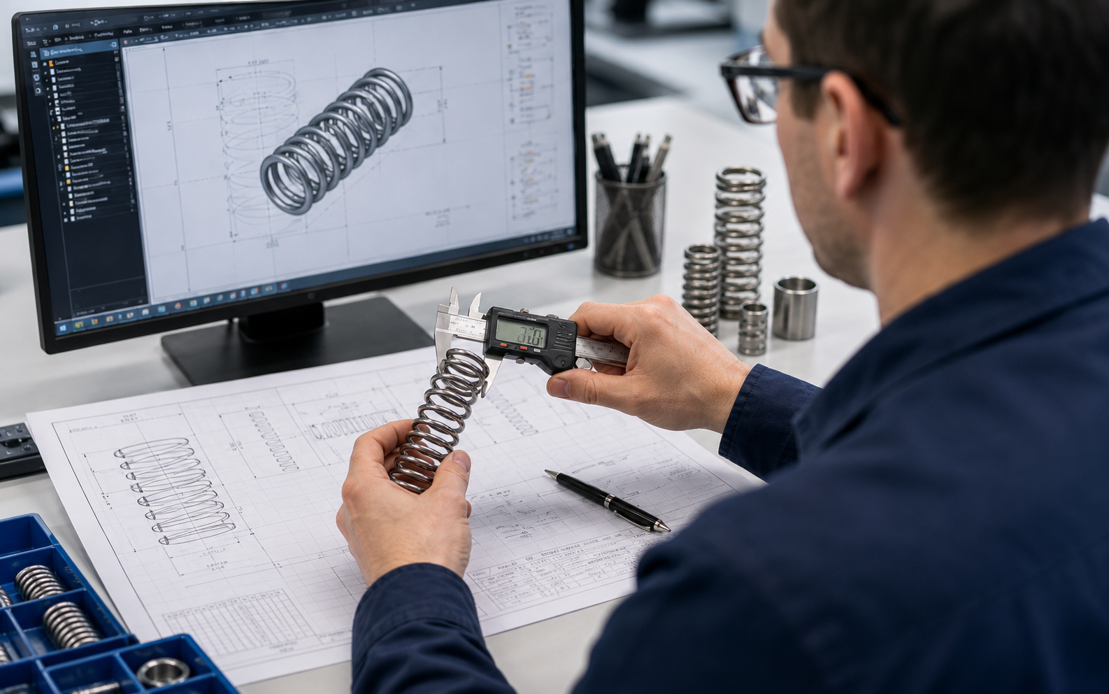 Spring engineer reviewing a CAD model and measuring a compression spring