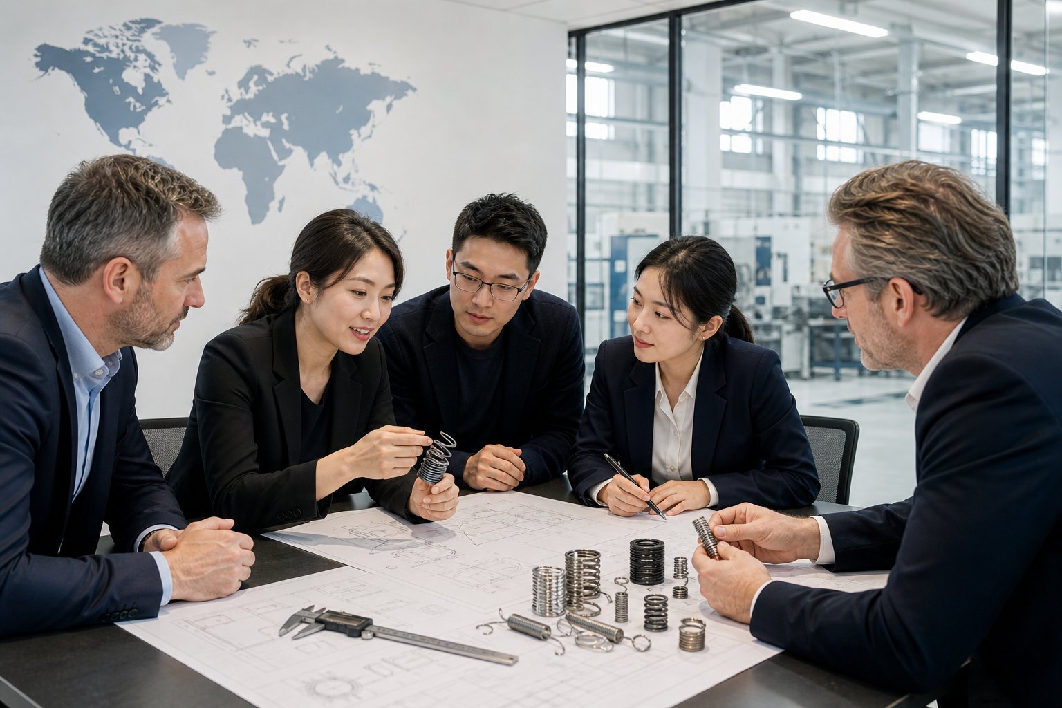 Representative global engineering team reviewing spring drawings and samples