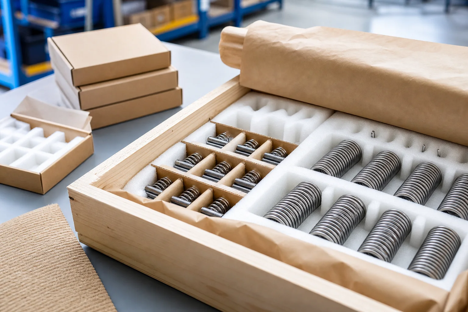 Precision springs arranged in protective export packaging