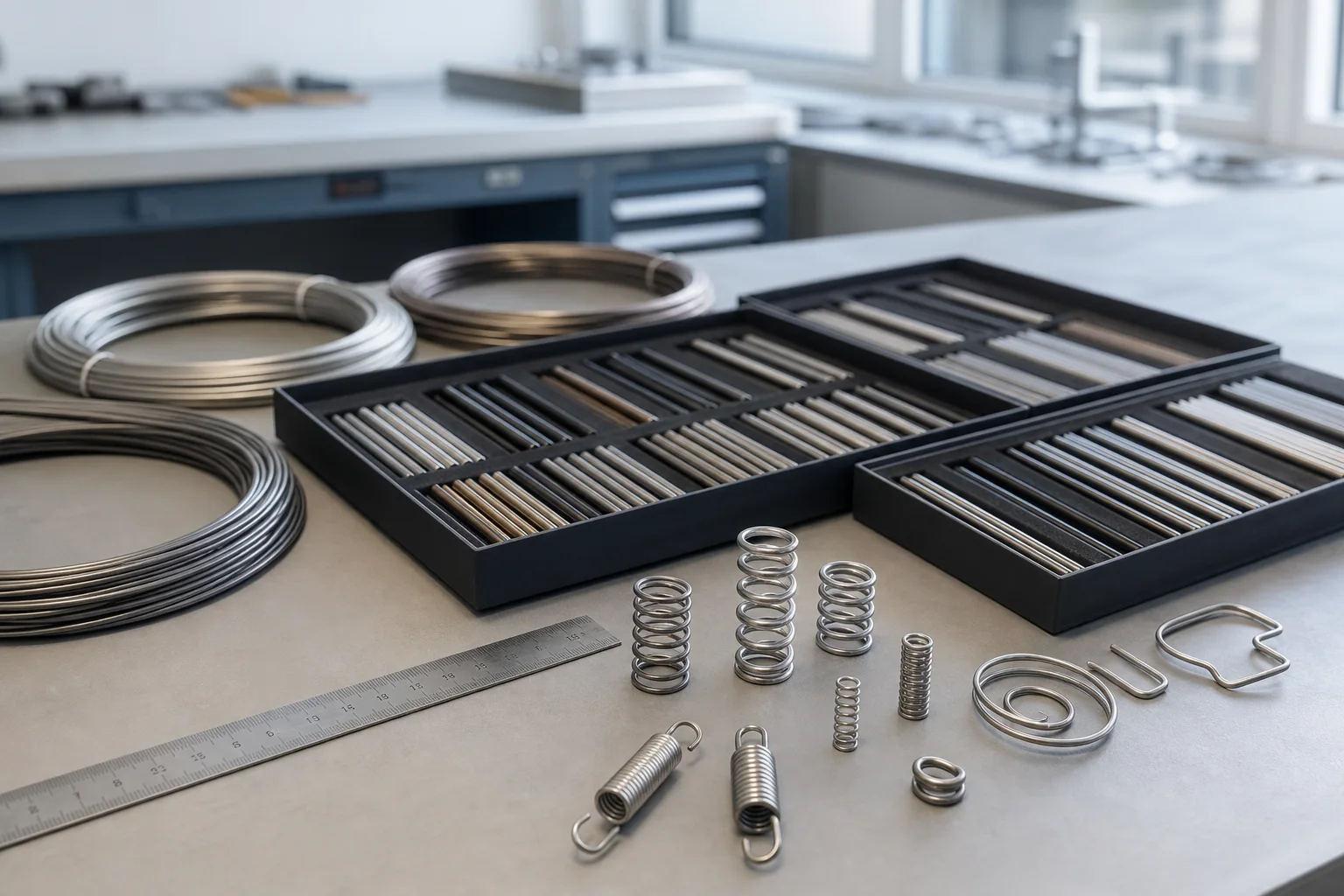 Spring wire, material samples and finished spring components prepared for review
