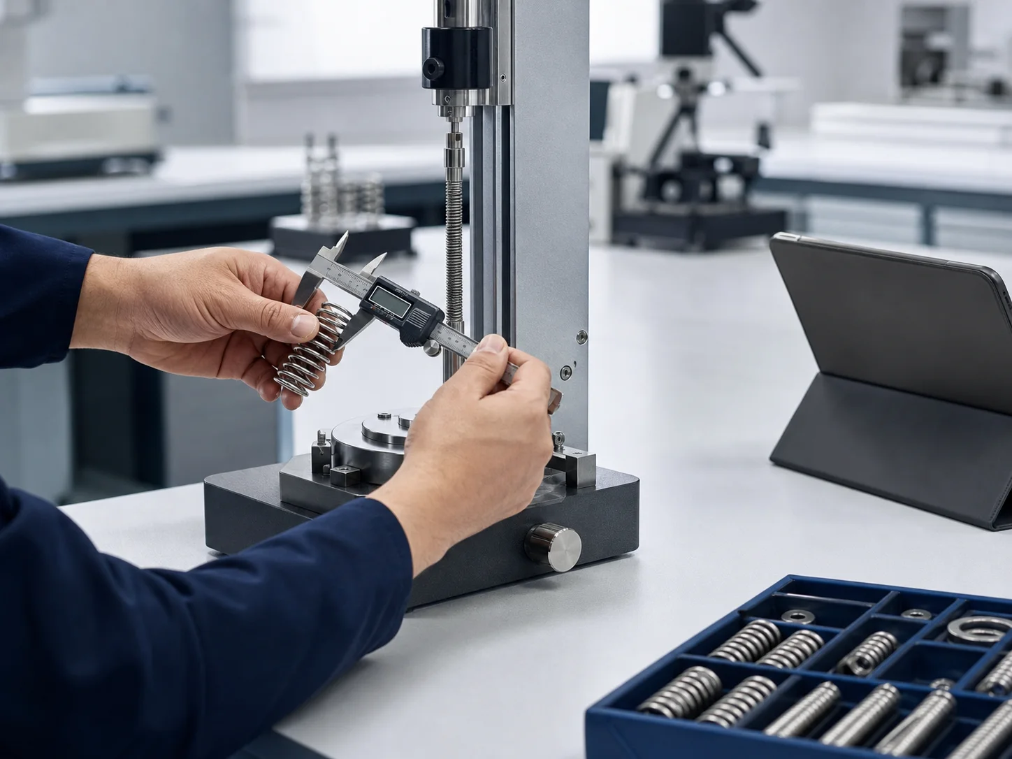 NorenSpring technician measuring a spring in the quality laboratory