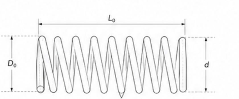 Spring dimension reference diagram with wire diameter, outer diameter and free length callouts